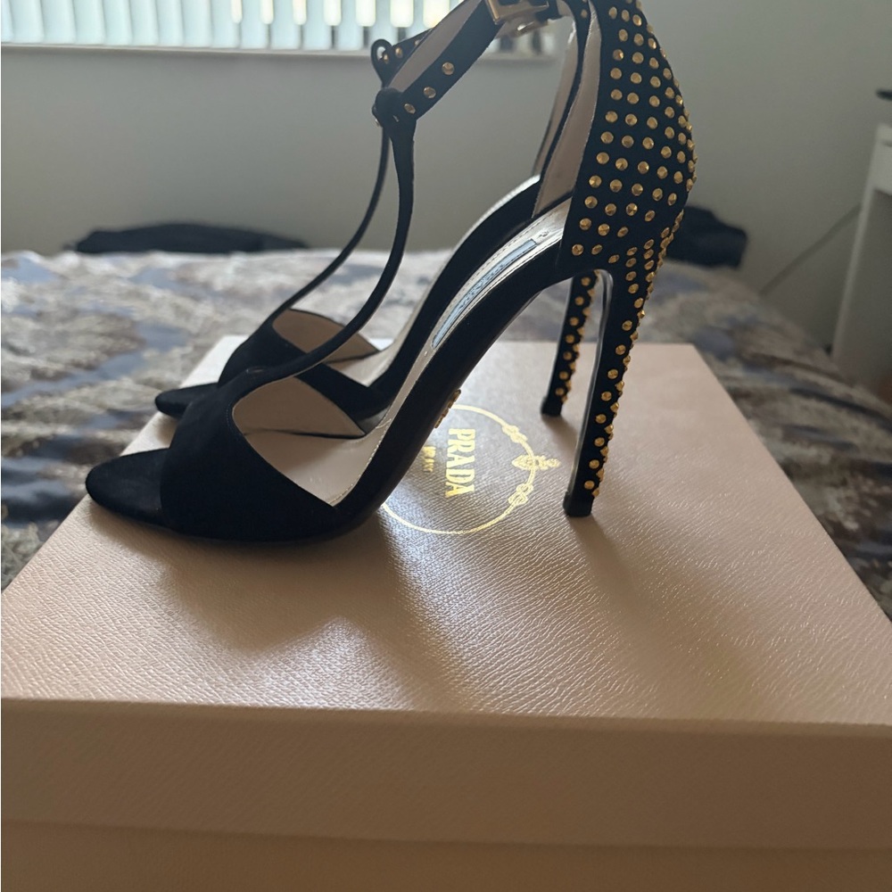 Prada Black Suede T-Strap Heels with Gold Studs